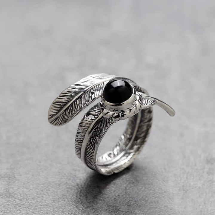 Bague ajustable en plumes d'onyx noir Hip-Hop Olivenorma
