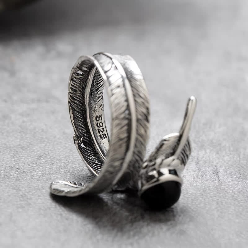 Bague ajustable en plumes d'onyx noir Hip-Hop Olivenorma