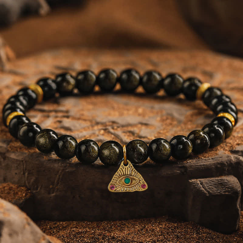 Bracelet en perles d'obsidienne dorée naturelle Olivenorma « Evil Eye »