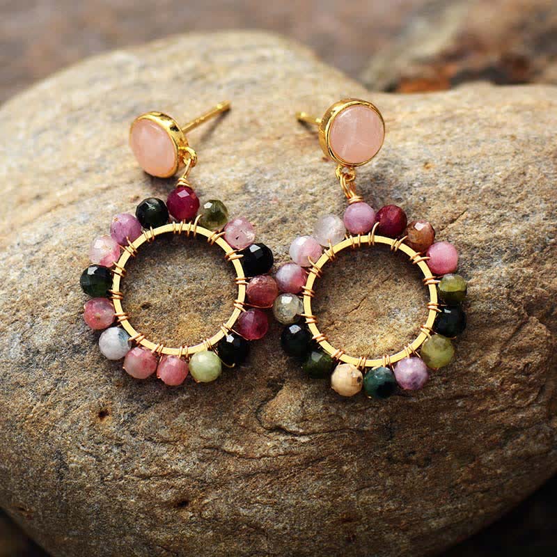 Boucles d'oreilles pendantes en quartz rose et tourmaline naturelle Olivenorma