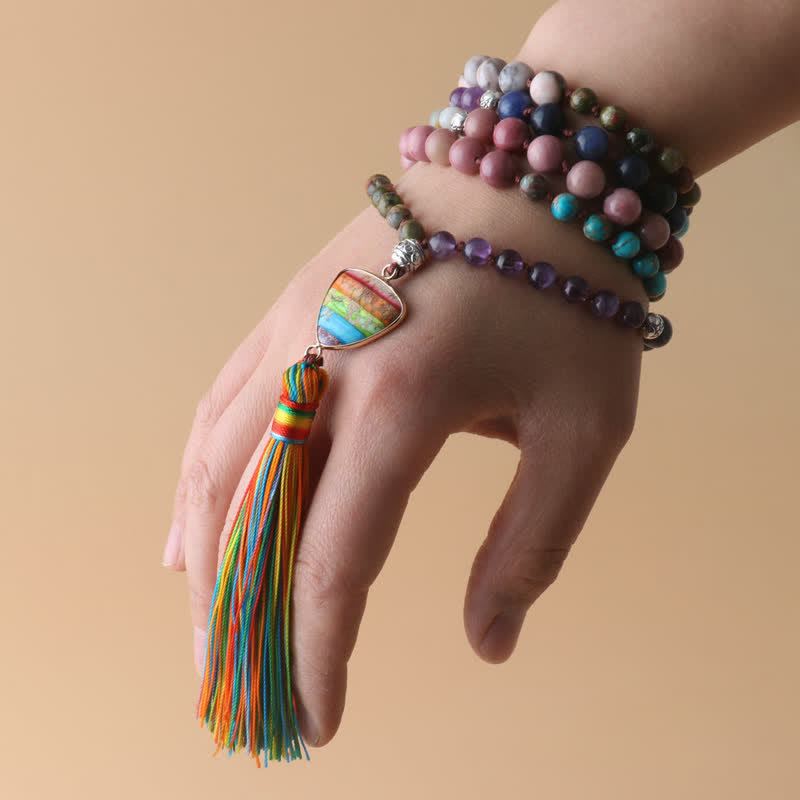 Collier à pampilles en 108 perles de Mala en pierre naturelle Olivenorma