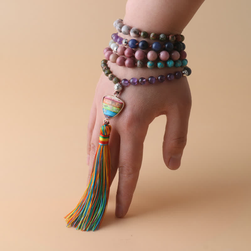 Collier à pampilles en 108 perles de Mala en pierre naturelle Olivenorma