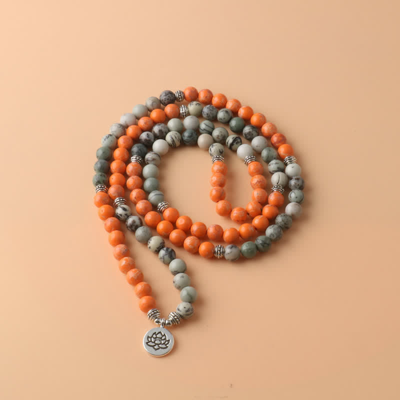 Collier pendentif lotus en perles de Mala en pierre empereur orange Olivenorma 108