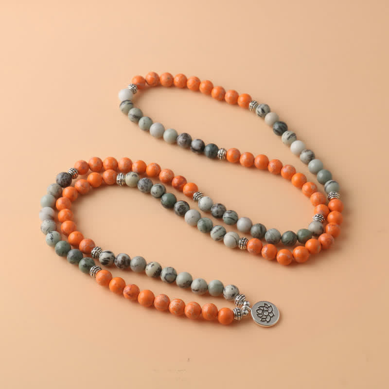 Collier pendentif lotus en perles de Mala en pierre empereur orange Olivenorma 108