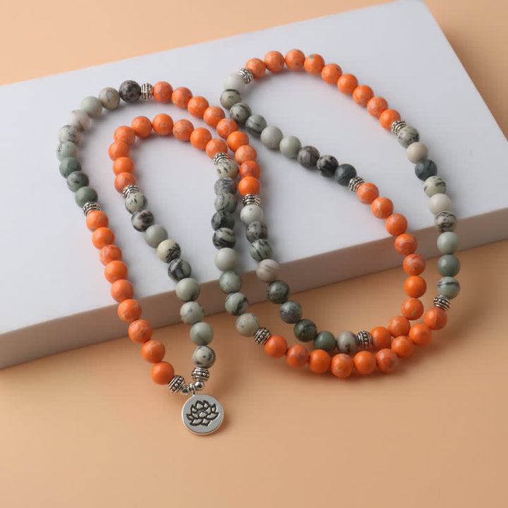 Collier pendentif lotus en perles de Mala en pierre empereur orange Olivenorma 108
