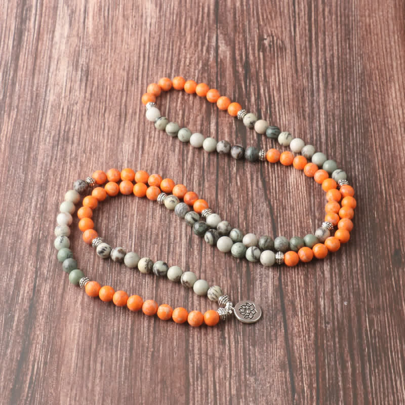 Collier pendentif lotus en perles de Mala en pierre empereur orange Olivenorma 108