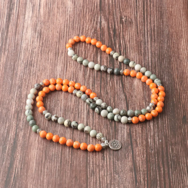 Collier pendentif lotus en perles de Mala en pierre empereur orange Olivenorma 108