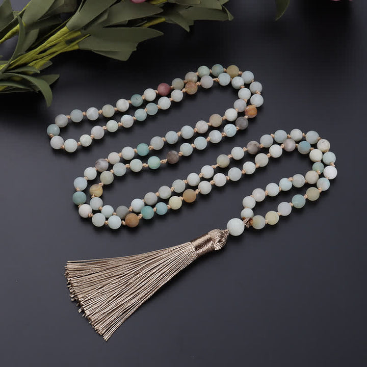 Collier avec pendentif à pampilles en 108 perles d'amazonite de Mala Olivenorma