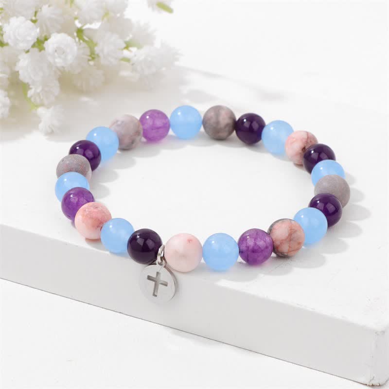 Bracelet pendentif croix en perles de pierre naturelle Olivenorma de 8 mm