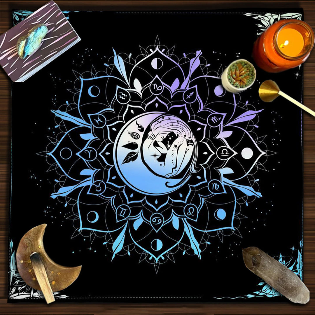 Nappe de tarot divinatoire avec phases lunaires et mandala Olivenorma