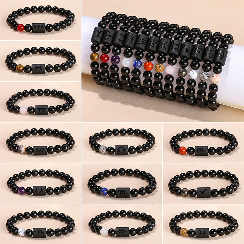 Bracelet en perles d'obsidienne naturelle Olivenorma de 8 mm avec signe du zodiaque