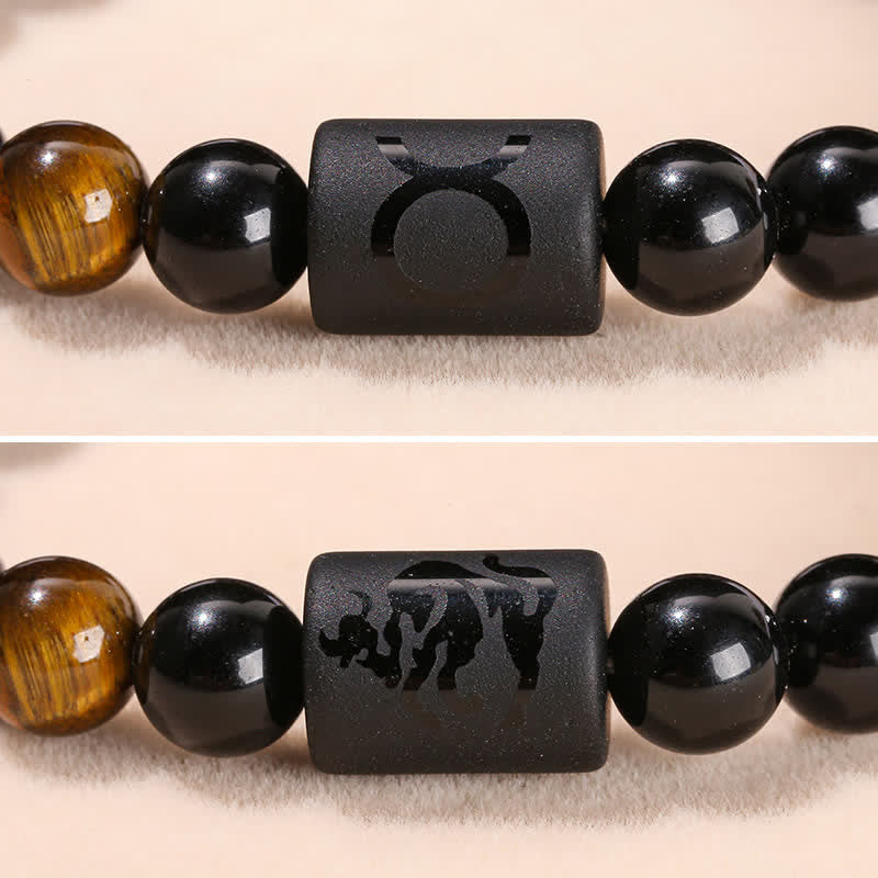 Bracelet en perles d'obsidienne naturelle Olivenorma de 8 mm avec signe du zodiaque