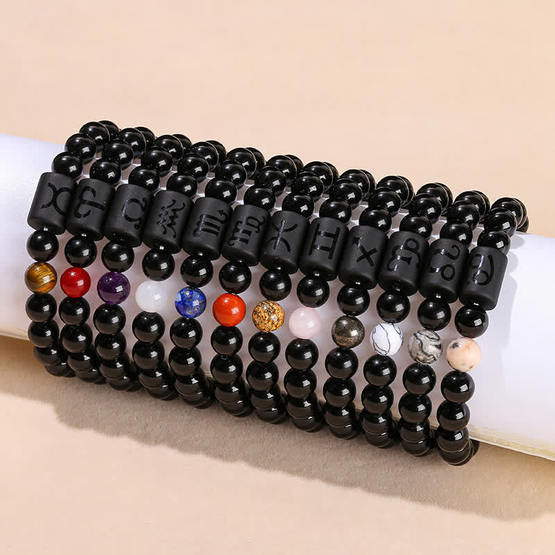 Bracelet en perles d'obsidienne naturelle Olivenorma de 8 mm avec signe du zodiaque