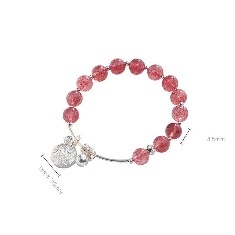Bracelet pendentif clochette chat en perles de quartz fraise Olivenorma
