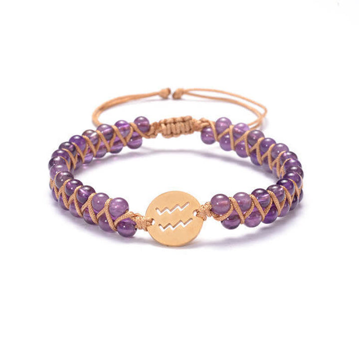 Bracelet en pierre naturelle tissé à la main avec perles doubles et signe du zodiaque Olivenorma