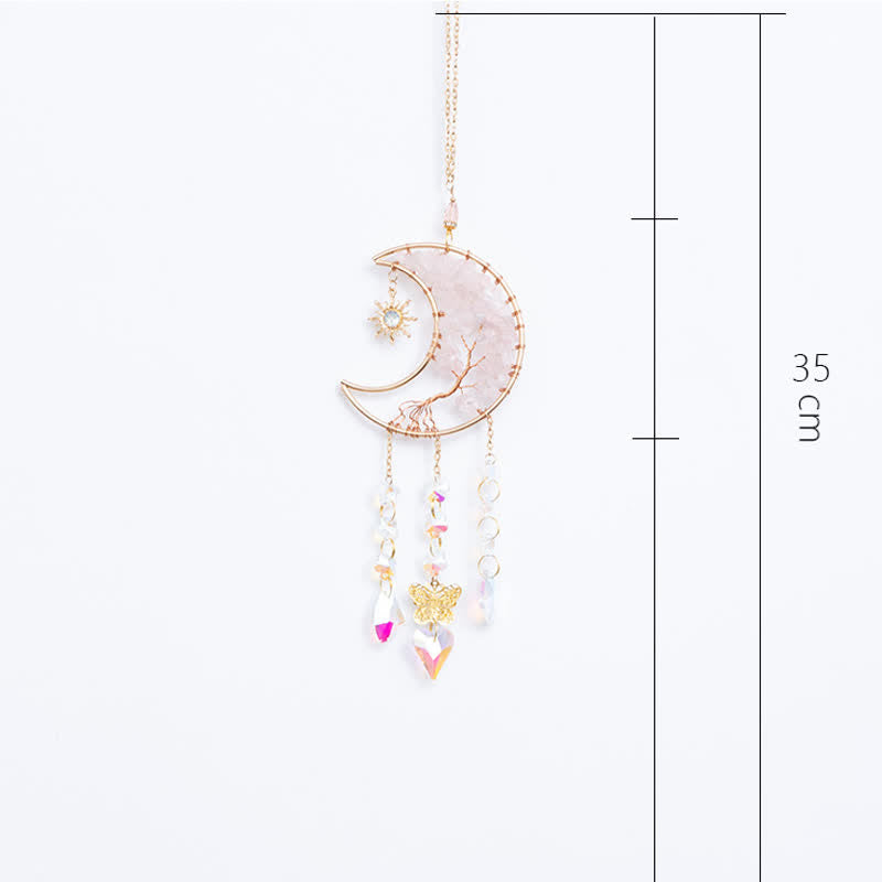 Carillon éolien attrape-soleil en quartz rose avec étoile, lune et papillon Olivenorma