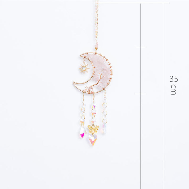 Carillon éolien attrape-soleil en quartz rose avec étoile, lune et papillon Olivenorma