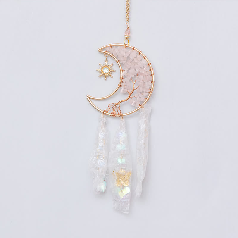 Carillon éolien attrape-soleil en quartz rose avec étoile, lune et papillon Olivenorma