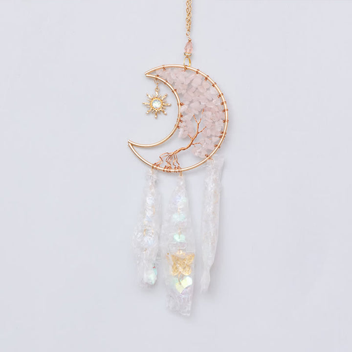 Carillon éolien attrape-soleil en quartz rose avec étoile, lune et papillon Olivenorma