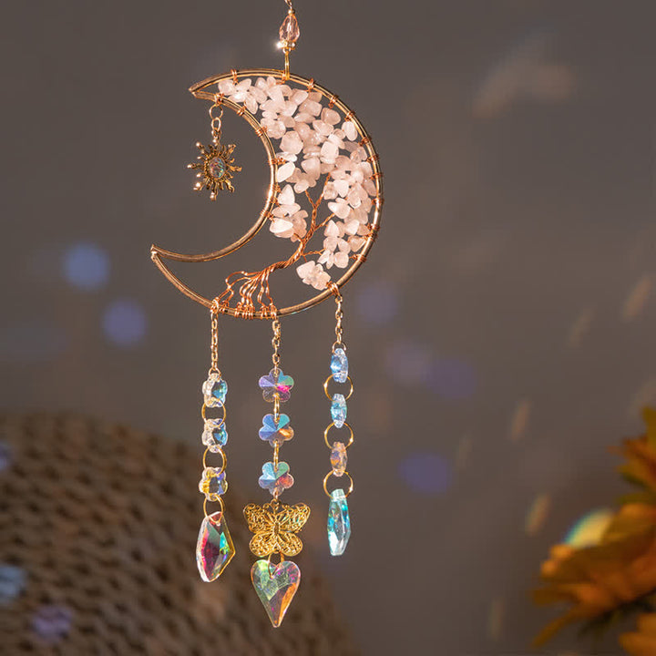 Carillon éolien attrape-soleil en quartz rose avec étoile, lune et papillon Olivenorma