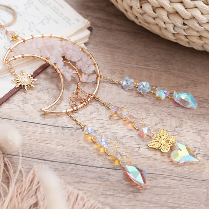 Carillon éolien attrape-soleil en quartz rose avec étoile, lune et papillon Olivenorma