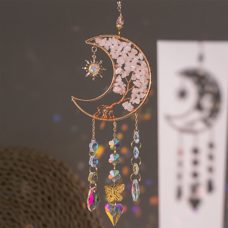Carillon éolien attrape-soleil en quartz rose avec étoile, lune et papillon Olivenorma