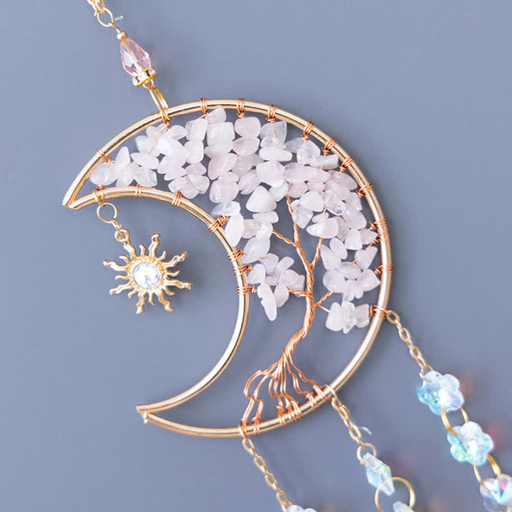 Carillon éolien attrape-soleil en quartz rose avec étoile, lune et papillon Olivenorma