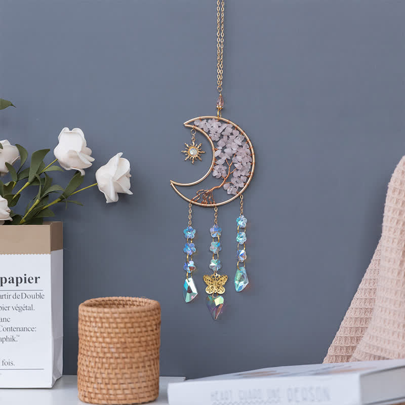 Carillon éolien attrape-soleil en quartz rose avec étoile, lune et papillon Olivenorma