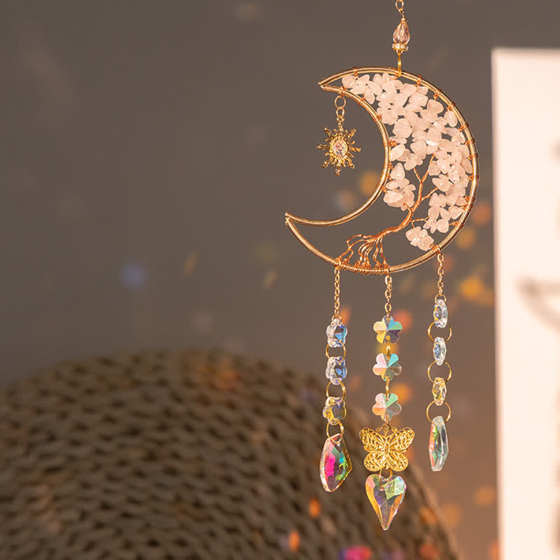 Carillon éolien attrape-soleil en quartz rose avec étoile, lune et papillon Olivenorma