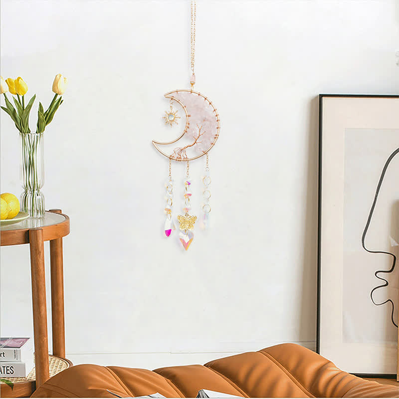 Carillon éolien attrape-soleil en quartz rose avec étoile, lune et papillon Olivenorma