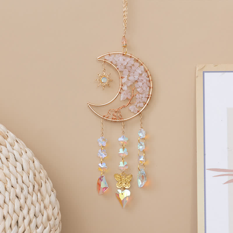 Carillon éolien attrape-soleil en quartz rose avec étoile, lune et papillon Olivenorma