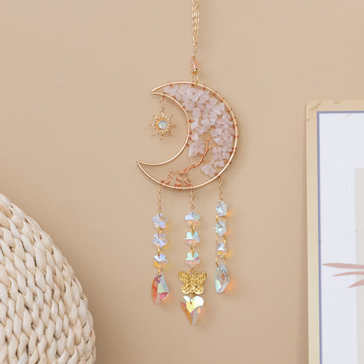 Carillon éolien attrape-soleil en quartz rose avec étoile, lune et papillon Olivenorma