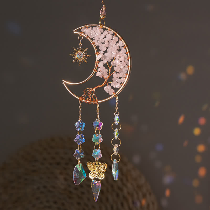 Carillon éolien attrape-soleil en quartz rose avec étoile, lune et papillon Olivenorma