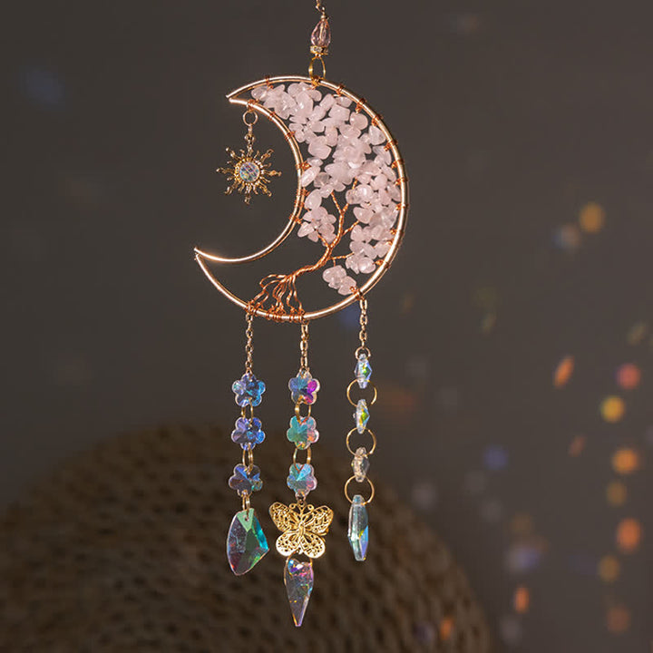Carillon éolien attrape-soleil en quartz rose avec étoile, lune et papillon Olivenorma