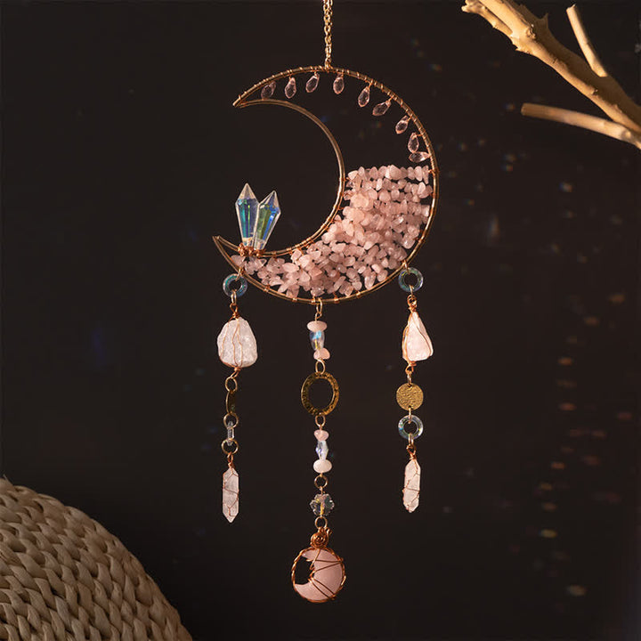 Carillon éolien attrape-soleil en cristal transparent et quartz rose Olivenorma