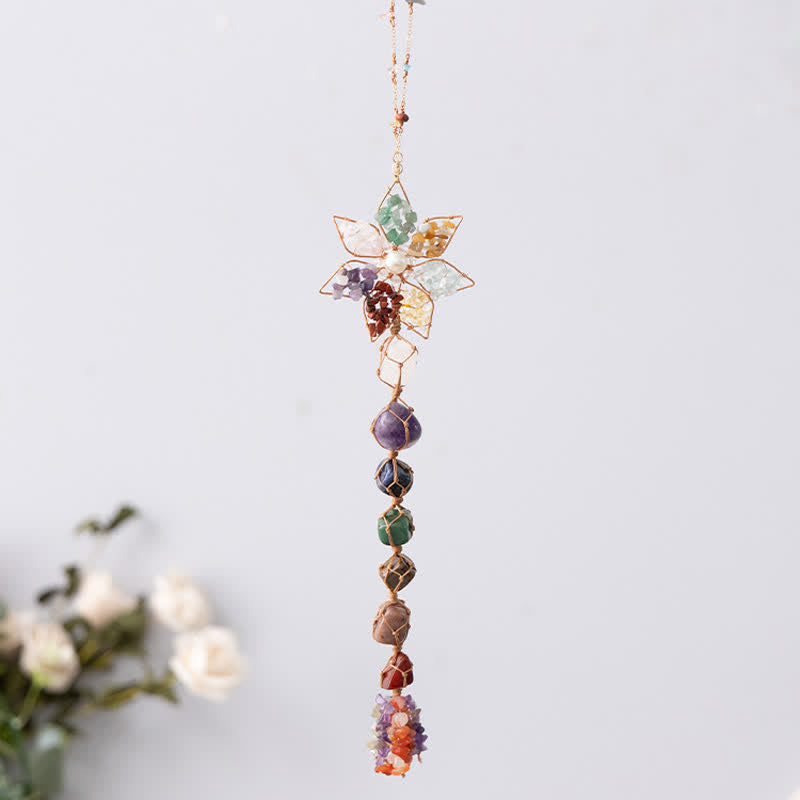 Pendentif en pierre colorée avec fleur et chakra Olivenorma