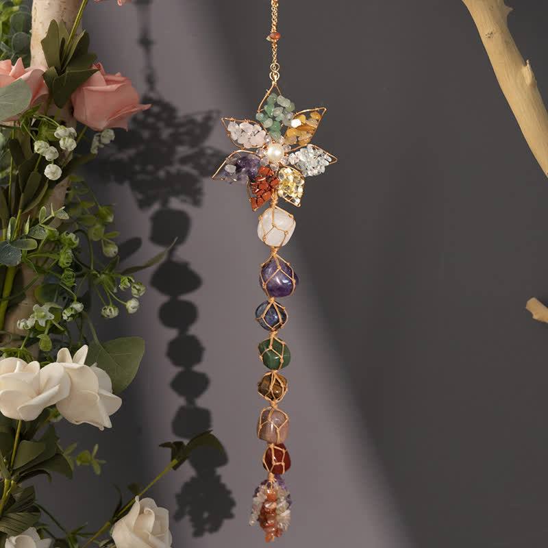 Pendentif en pierre colorée avec fleur et chakra Olivenorma
