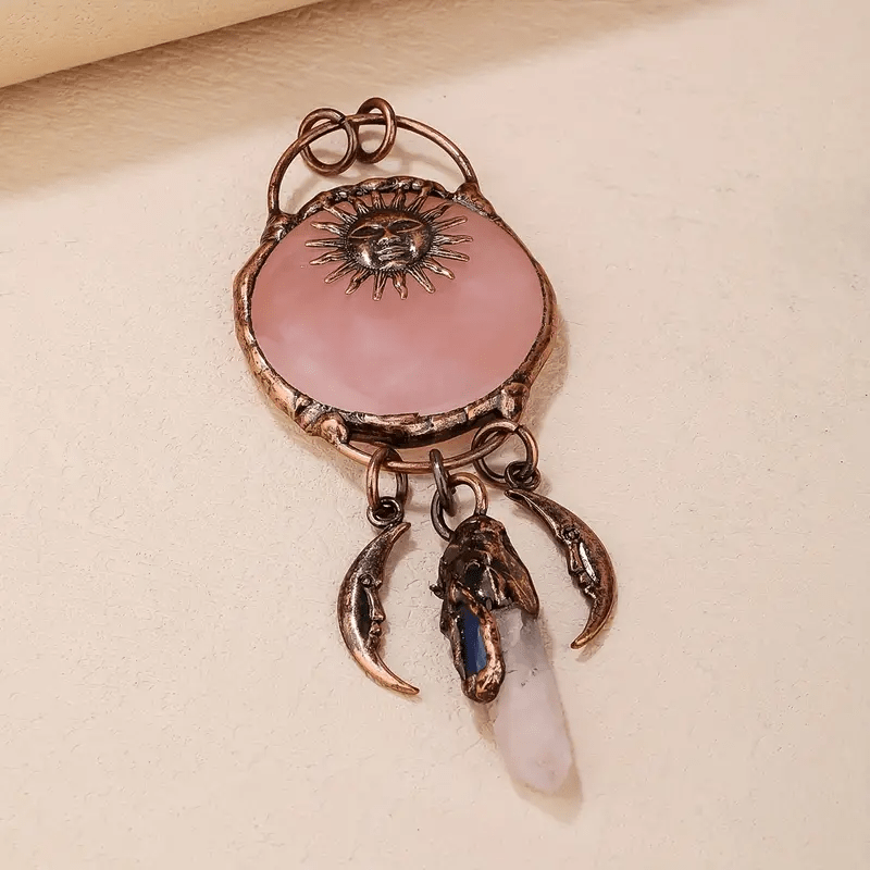 Collier pendentif en quartz rose en forme de soleil et de lune Olivenorma