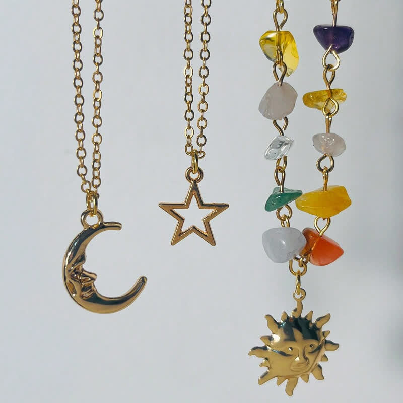 Collier avec pendentif en pierre naturelle étoile lune soleil Olivenorma