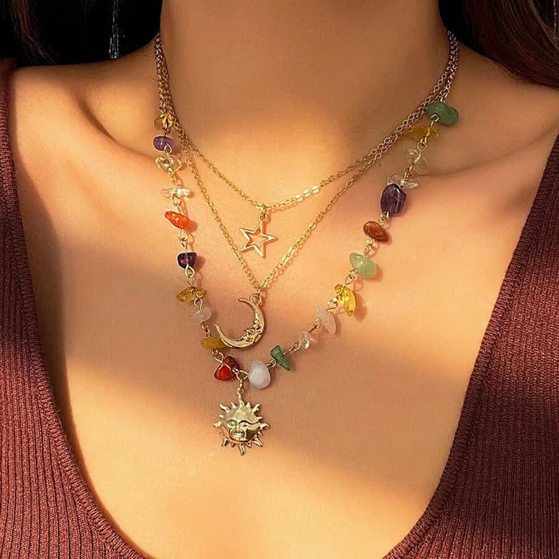 Collier avec pendentif en pierre naturelle étoile lune soleil Olivenorma