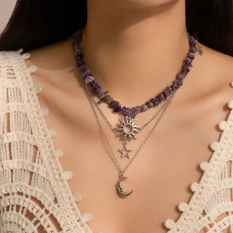 Collier avec pendentif en pierre naturelle étoile lune soleil Olivenorma