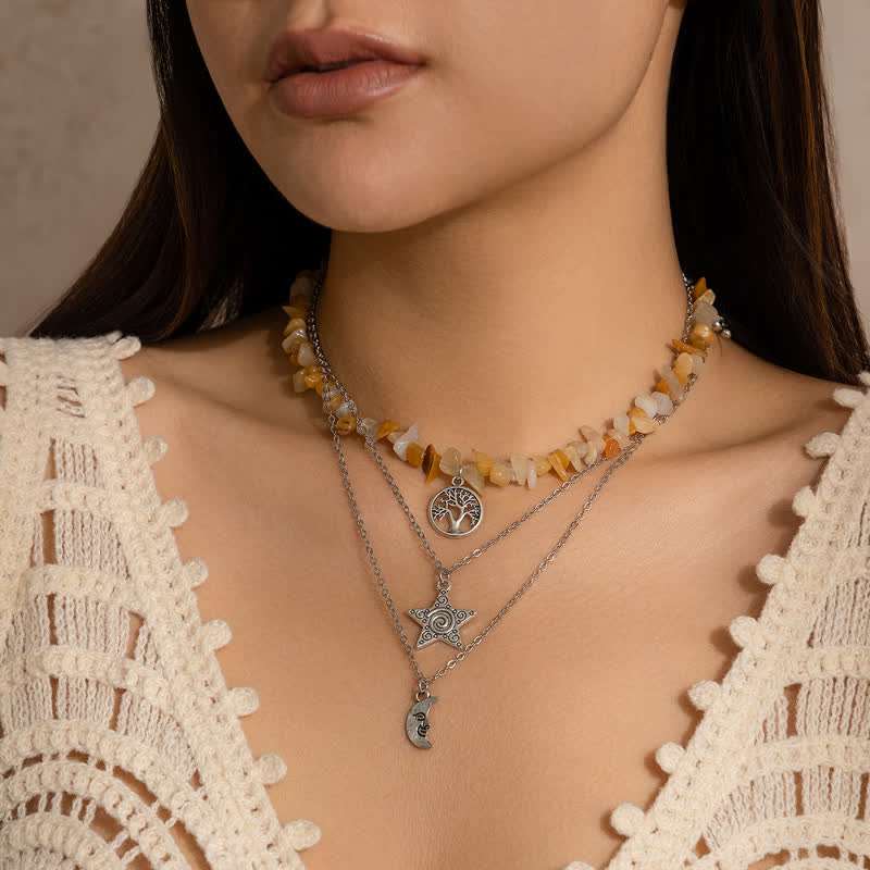 Collier avec pendentif en pierre naturelle étoile lune soleil Olivenorma