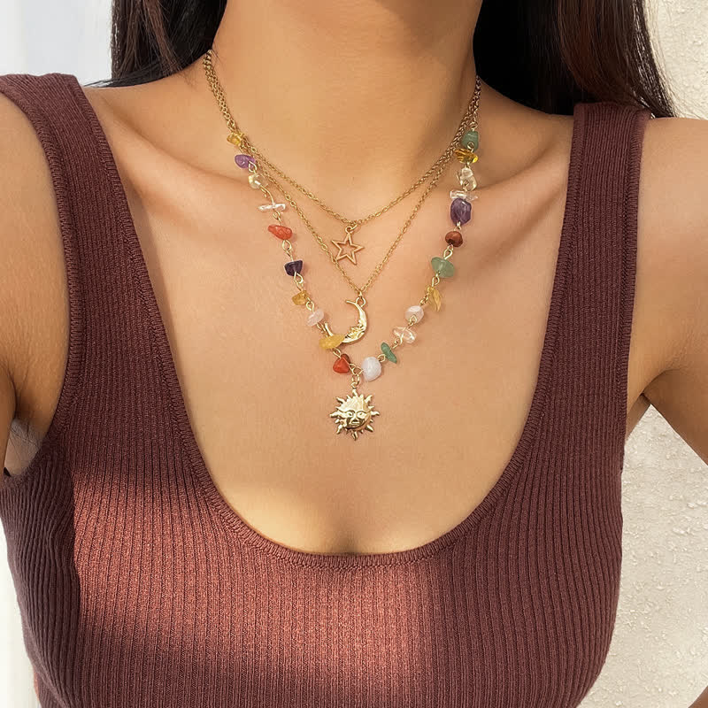 Collier avec pendentif en pierre naturelle étoile lune soleil Olivenorma