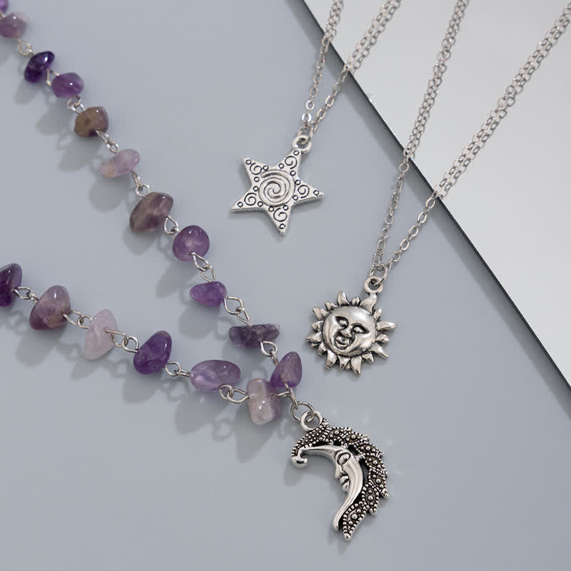 Collier avec pendentif en pierre naturelle étoile lune soleil Olivenorma