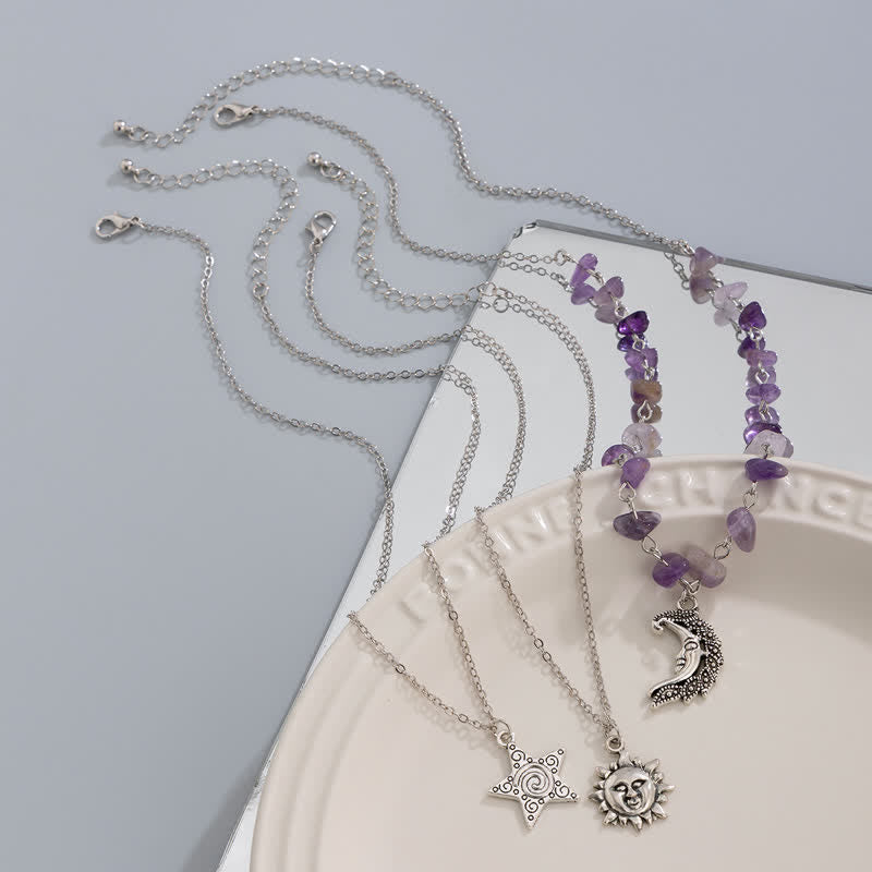 Collier avec pendentif en pierre naturelle étoile lune soleil Olivenorma