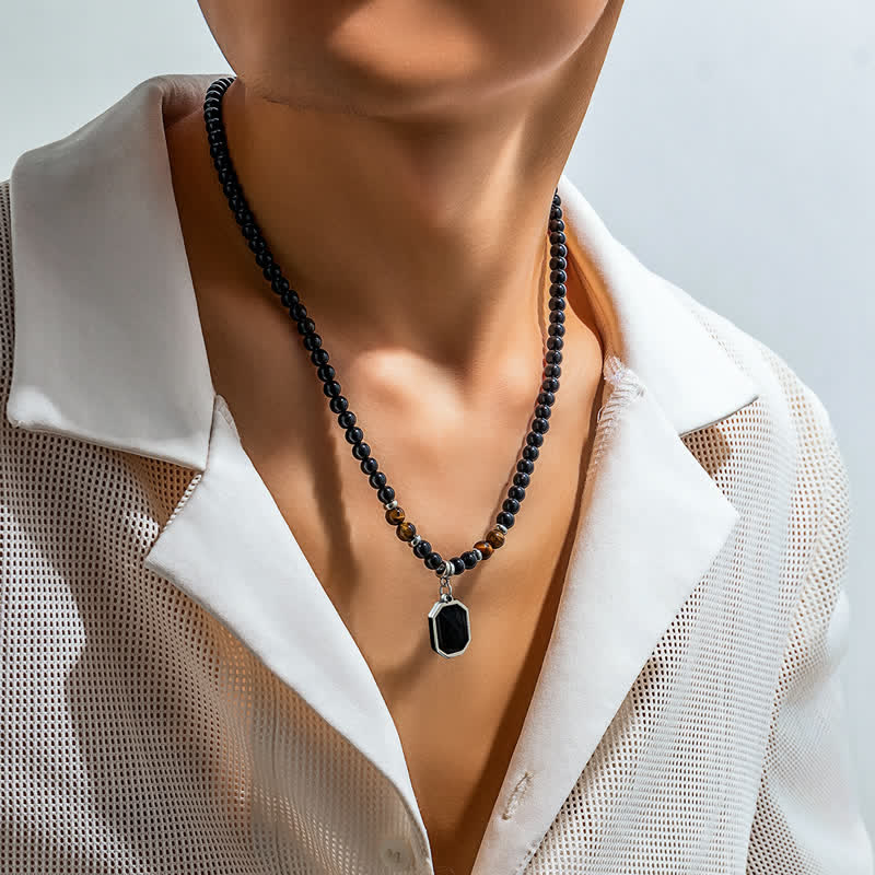 Collier pour homme en perles de pierre naturelle d'onyx noir Olivenorma - Onyx noir et œil de tigre - image 2
