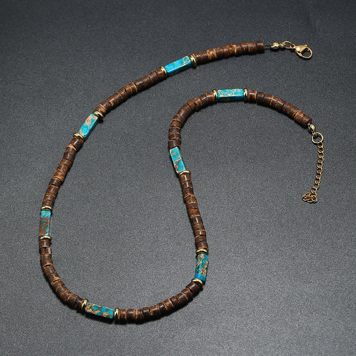Collier de perles en pierre naturelle et bois de coco marron Olivenorma