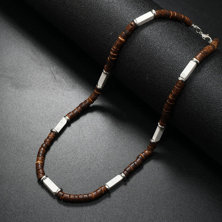 Collier de perles en pierre naturelle et bois de coco marron Olivenorma