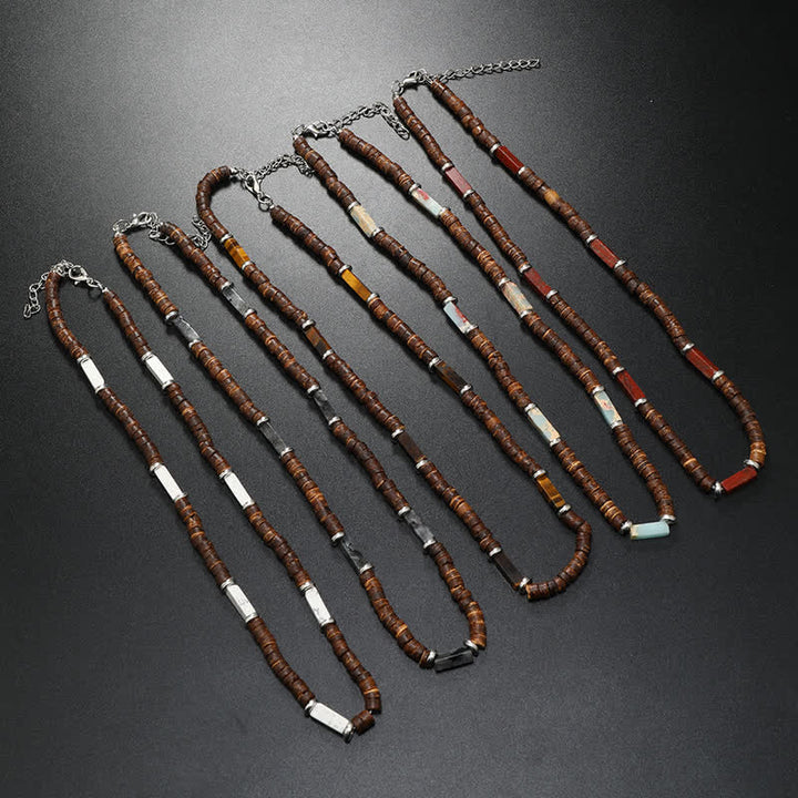 Collier de perles en pierre naturelle et bois de coco marron Olivenorma