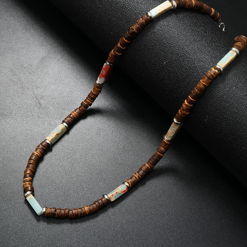 Collier de perles en pierre naturelle et bois de coco marron Olivenorma